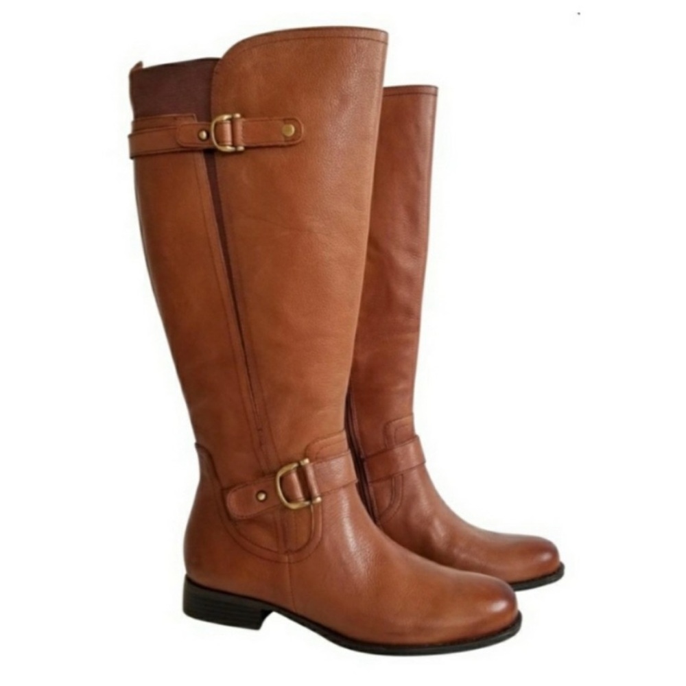 Naturalizer Cognac Leather Tall Riding Boots with Buckle Detail